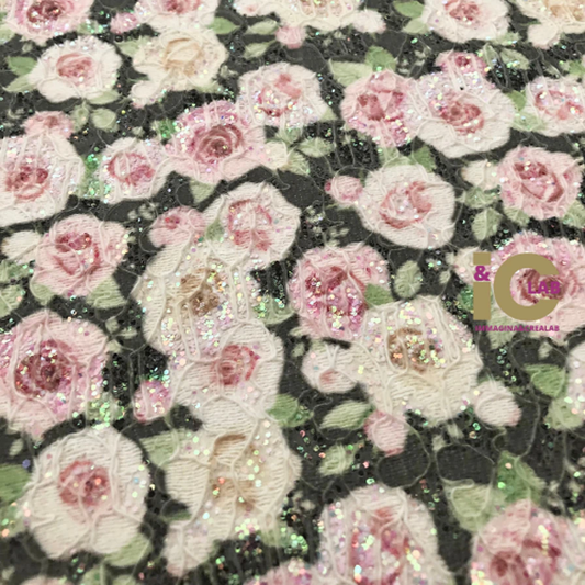 PIZZO GLITTERATO ROSE SFONDO NERO
