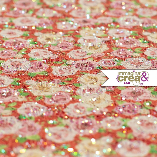 PIZZO GLITTERATO ROSE SFONDO ROSSO