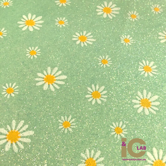 MARGHERITA SFONDO VERDE CHIARO POLVERE DI GLITTER